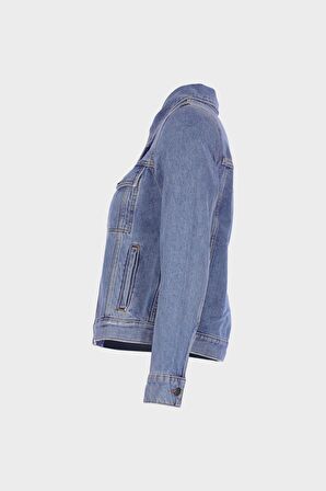 Kadın Orta Mavi Slim Fit Patı Düğmeli Jean Ceket C 4538-187