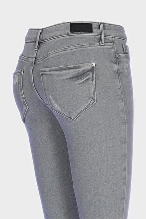 Judy Gri Yüksek Bel Yıpratmalı Patı Fermuarlı Skinny Fit Jean Pantolon C 4521-238