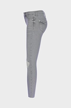 Judy Gri Yüksek Bel Yıpratmalı Patı Fermuarlı Skinny Fit Jean Pantolon C 4521-238
