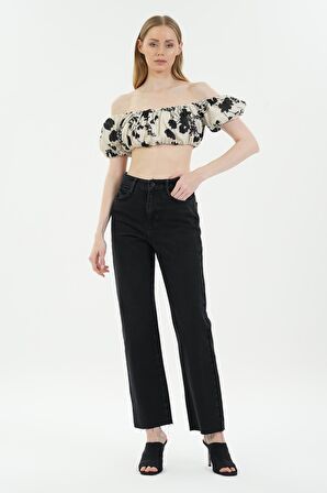 Diana Antrasit Yüksek Bel Patı Fermuarlı Paçası Kesikli Dad Straight Fit Jean Pantolon C 4517-102