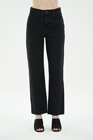 Diana Antrasit Yüksek Bel Patı Fermuarlı Paçası Kesikli Dad Straight Fit Jean Pantolon C 4517-102