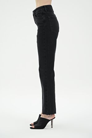 Diana Antrasit Yüksek Bel Patı Fermuarlı Paçası Kesikli Dad Straight Fit Jean Pantolon C 4517-102