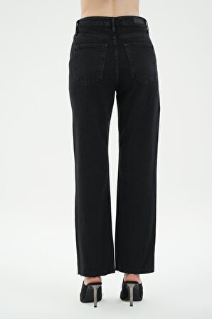 Diana Antrasit Yüksek Bel Patı Fermuarlı Paçası Kesikli Dad Straight Fit Jean Pantolon C 4517-102