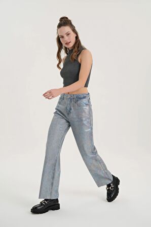Hologramlı Yüksek Bel Patı Fermuarlı Straight Jean Pantolon C 4518-100