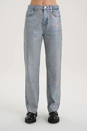 Hologramlı Yüksek Bel Patı Fermuarlı Straight Jean Pantolon C 4518-100