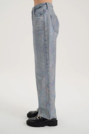 Hologramlı Yüksek Bel Patı Fermuarlı Straight Jean Pantolon C 4518-100