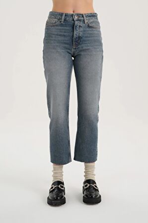 Eliza Orta Mavi Yüksek Bel Patı Düğmeli Paçası Kesikli Jean Pantolon C 4518-110