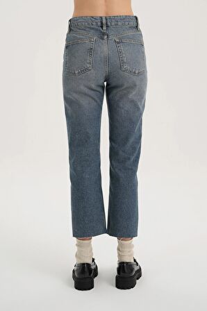 Eliza Orta Mavi Yüksek Bel Patı Düğmeli Paçası Kesikli Jean Pantolon C 4518-110