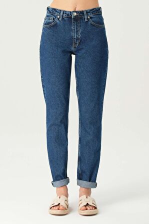 Orta Mavi Yüksek Bel Patı Fermuarlı Slim Fit Jean Pantolon  C 4934-009