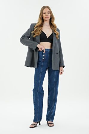 Diana Koyu Mavi Yüksek Bel Patı Düğme Detaylı Dad Straight Jean Pantolon C 4517-104
