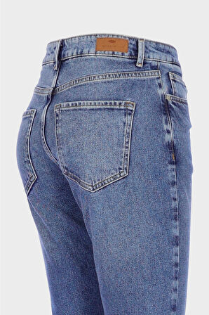 Orta Mavi Yüksek Bel Patı Fermuarlı Vintage Straight Fit Jean Pantolon C 4931-008