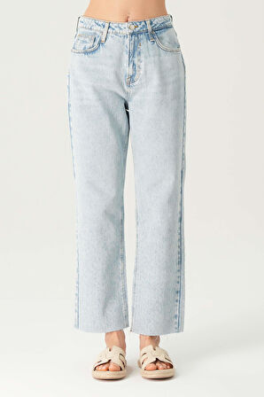 Diana Açık MaviYüksek Bel Patı Fermuarlı Paçası Yağmur LazerDesenliStraight Jean PantolonC 4517-106