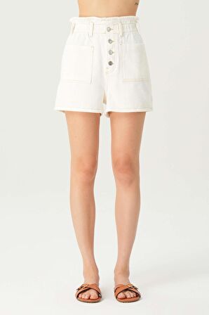 Ekru Yüksek Bel Beli Lastikli Patı Düğmeli Jean Şort C 4534-100
