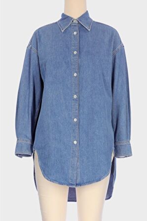 Açık Mavi Uzun Kol Patı Düğmeli Oversize Jean Gömlek C 4538-231