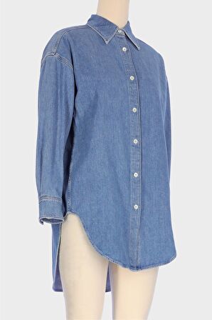 Açık Mavi Uzun Kol Patı Düğmeli Oversize Jean Gömlek C 4538-231