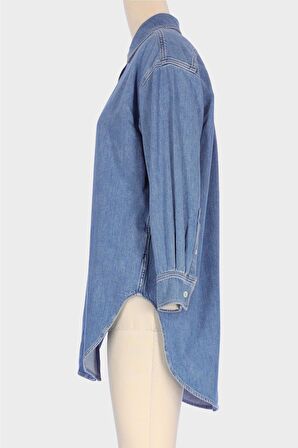 Açık Mavi Uzun Kol Patı Düğmeli Oversize Jean Gömlek C 4538-231