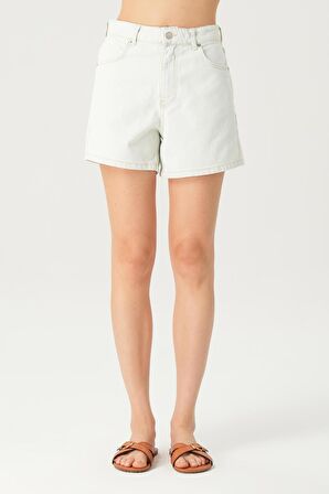 Buz Mavisi Yüksek Bel Patı Fermuarlı Jean Şort C 4534-106