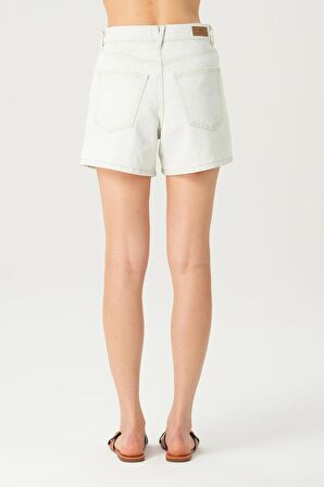 Buz Mavisi Yüksek Bel Patı Fermuarlı Jean Şort C 4534-106