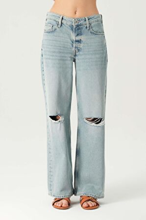 Açık Mavi Normal Bel Patı Düğmeli Dizi Kesikli Loose Fit Jean Pantolon C 4934-016