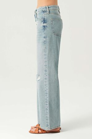 Açık Mavi Normal Bel Patı Düğmeli Dizi Kesikli Loose Fit Jean Pantolon C 4934-016