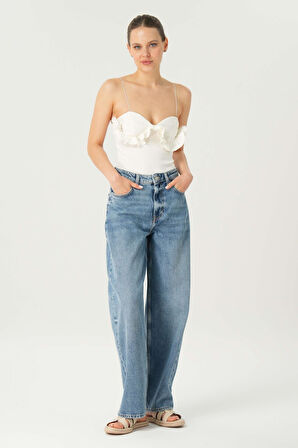 Orta Mavi Yüksek Bel Patı Fermuarlı Loose Jean Pantolon C 4934-017