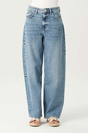 Orta Mavi Yüksek Bel Patı Fermuarlı Loose Jean Pantolon C 4934-017