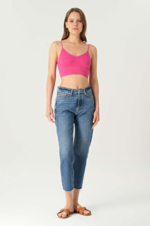 Orta Mavi Yüksek Bel Patı Fermuarlı Paçası Kesik Cropped Straight Fit Jean Pantolon C 4518-092