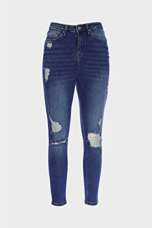 Büyük Beden Judy Koyu Mavi Yüksek Bel Patı Fermuarlı Yıpratma Detaylı Skinny Fit Jean Pantolon C 4521-264