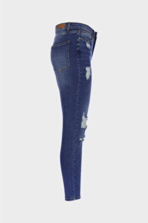 Büyük Beden Judy Koyu Mavi Yüksek Bel Patı Fermuarlı Yıpratma Detaylı Skinny Fit Jean Pantolon C 4521-264