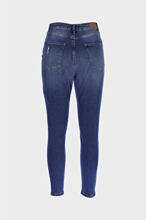Büyük Beden Judy Koyu Mavi Yüksek Bel Patı Fermuarlı Yıpratma Detaylı Skinny Fit Jean Pantolon C 4521-264
