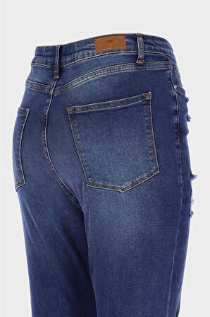 Büyük Beden Judy Koyu Mavi Yüksek Bel Patı Fermuarlı Yıpratma Detaylı Skinny Fit Jean Pantolon C 4521-264