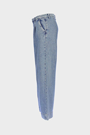 Weslie Açık Mavi Yüksek Bel Patı Fermuarlı Pile Detaylı Wideleg Jean Pantolon C 4530-215