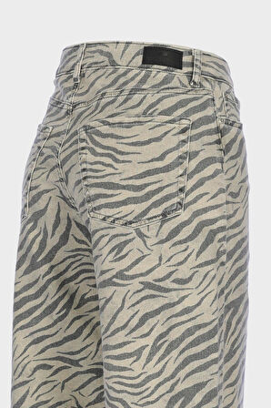 Weslie Zebra Desenli Yüksek Bel Fermuarlı Wideleg Jean Pantolon C 4530-216