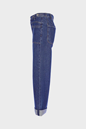 Weslie Koyu Mavi Yüksek Bel Patı Düğmeli Crop Wideleg Jean Pantolon C 4530-217