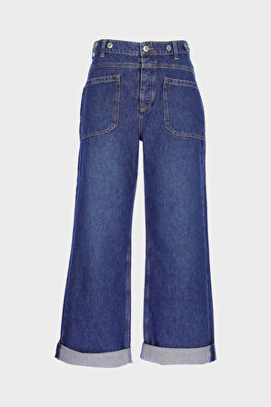 Weslie Koyu Mavi Yüksek Bel Patı Düğmeli Crop Wideleg Jean Pantolon C 4530-217