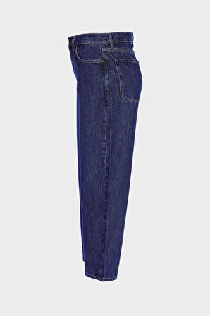 Koyu Mavi Yüksek Bel Barrel Fit Jean Patı Fermuarlı Pantolon C 4934-022