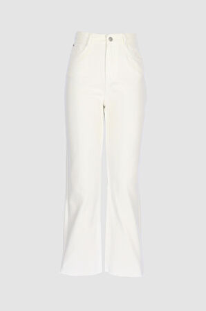 Eliza Beyaz Yüksek Bel Straight Fit Patı Fermuarlı Paçası Kesikli Jean Pantolon C 4518-116
