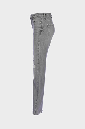 Açık Gri Yüksek Bel Patı Fermuarlı Yıpratmalı Vintage Straight Fit Jean Pantolon C 4931-010