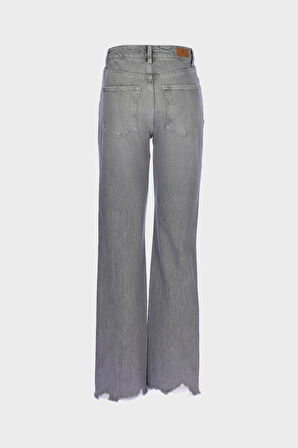 Açık Gri Yüksek Bel Patı Fermuarlı Yıpratmalı Vintage Straight Fit Jean Pantolon C 4931-010