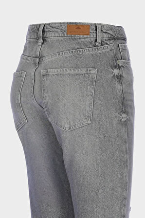 Açık Gri Yüksek Bel Patı Fermuarlı Yıpratmalı Vintage Straight Fit Jean Pantolon C 4931-010