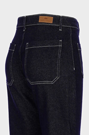 Koyu Mavi Yüksek Bel Takma Cepli Patı Fermuarlı Wideleg Jean Pantolon C 4939-005