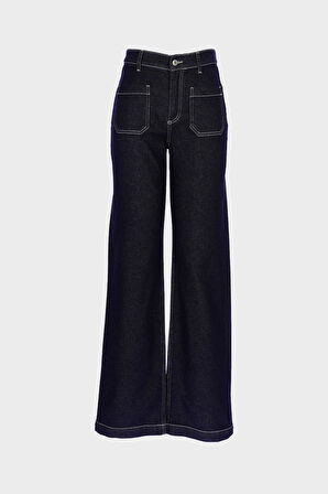 Koyu Mavi Yüksek Bel Takma Cepli Patı Fermuarlı Wideleg Jean Pantolon C 4939-005