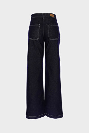 Koyu Mavi Yüksek Bel Takma Cepli Patı Fermuarlı Wideleg Jean Pantolon C 4939-005