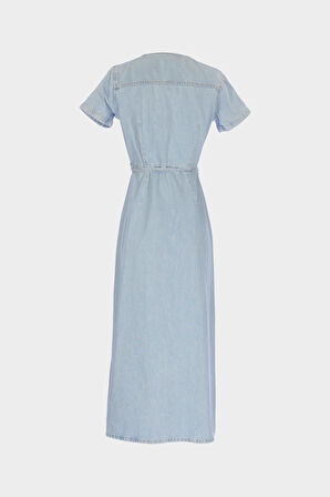 Açık Mavi Kruvaze Biyeli Kapamalı Maxi Boy Slim Fit Jean Elbise C 4676-069