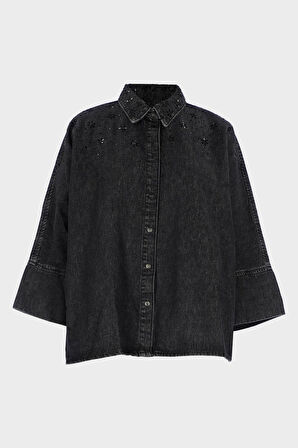 Antrasit Oversize Patı Çıt Çıtlı Taş Detaylı Jean Gömlek C 4538-248