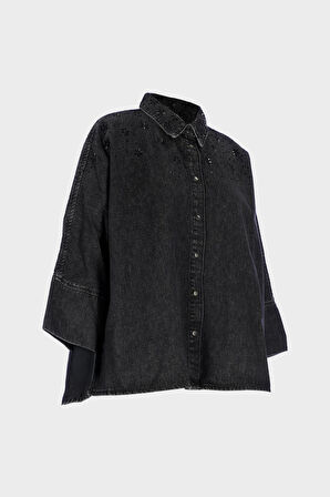 Antrasit Oversize Patı Çıt Çıtlı Taş Detaylı Jean Gömlek C 4538-248