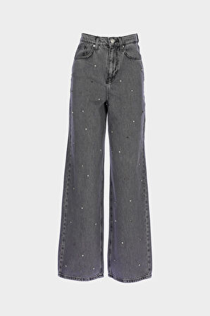 Weslie Antrasit Yüksek Bel Taş Detaylı Wideleg Jean Pantolon C 4530-225