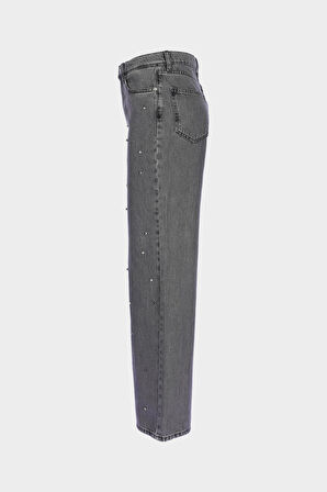 Weslie Antrasit Yüksek Bel Taş Detaylı Wideleg Jean Pantolon C 4530-225
