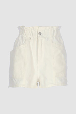 Beyaz Beli Lastikli Yüksek Bel Patı Fermuarlı Jean Şort C 4534-090