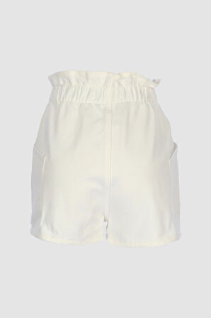 Beyaz Beli Lastikli Yüksek Bel Patı Fermuarlı Jean Şort C 4534-090